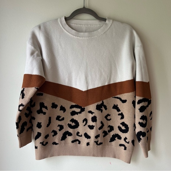 SHEIN Leopard Print Colorblock Sweater Medium Soft Knit Neutral Animal Print - Picture 1 of 12